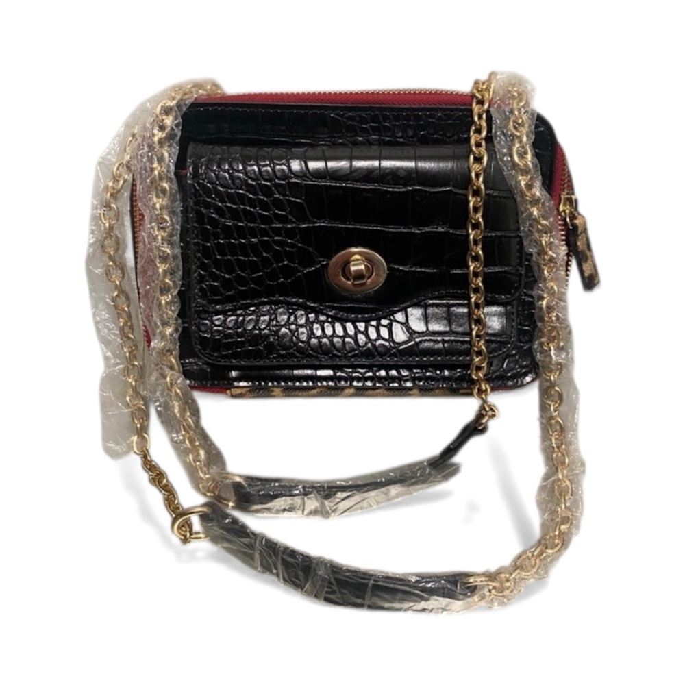 NWT Sondra Robert’s Leopard/Croc Embossed Crossbody Camera Bag With Gold Chain